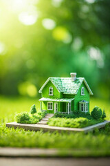 Copy space of home and life concept. Small model home on green grass with sunlight abstract background.