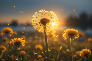 Golden sunset and dandelion, meditative zen background