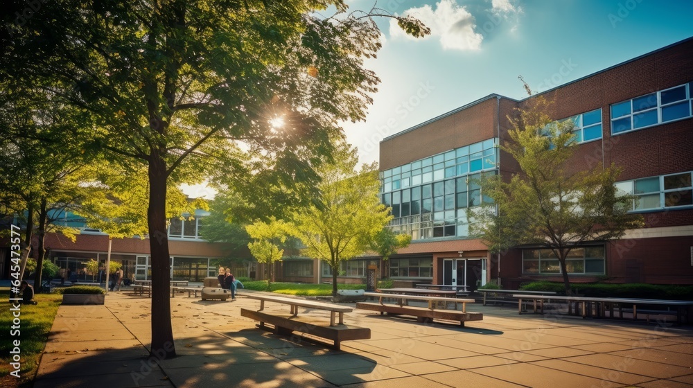 Wall mural see of ordinary american school building outside