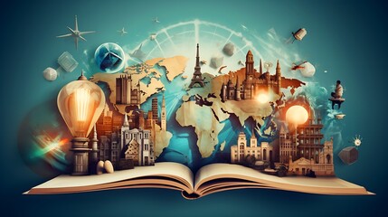 Obraz premium Education and Intelligence Collage with Global Travel Theme, bulb, light, map, generative AI