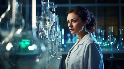 Attractive female scientist working in laboratory. Science, chemistry and education. Woman is conducting experiments wearing a scientists. - Powered by Adobe