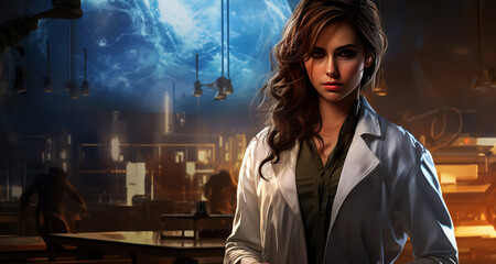 A girl in a white suit in front of a laboratory with zombies. Young smart female scientist working in the laboratory. Post-apocalyptic fiction. - obrazy, fototapety, plakaty