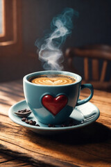 Traditional Coffee Cup With Heart-Shaped Steam On Rustic Wood