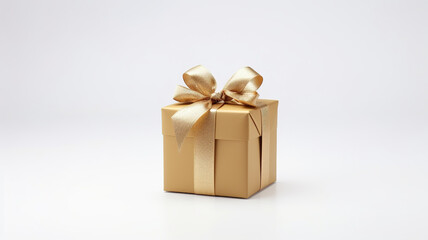 Gift box with gold bow isolated on white background, clipping path included. Decorative gift box.