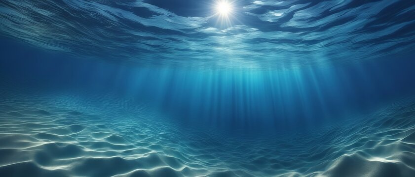 Deep blue ocean with sunlight streaming through the water onto an empty sandy bottom