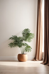 Plant against a white wall mockup. White wall mockup with brown curtain, plant and wood floor. 3D illustration.