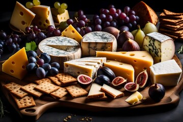 a mouthwatering image of a gourmet cheese platter with a variety of cheeses, grapes, figs, and...