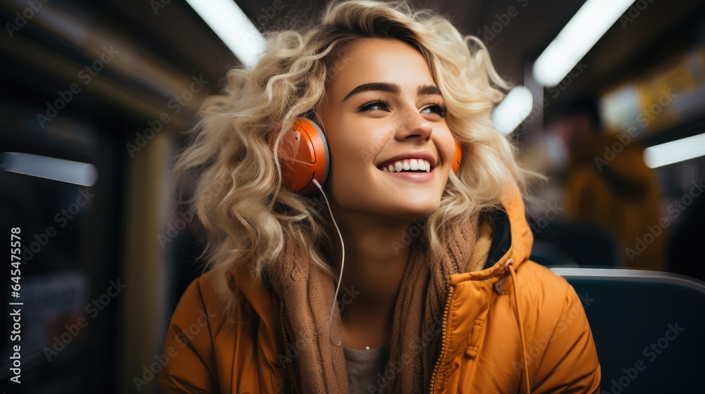 Wall mural Young woman in earphones listening to music and smiling in a subway. Generative AI