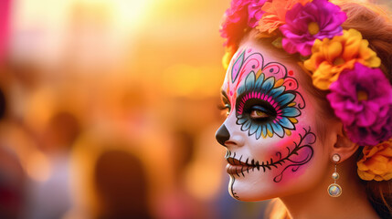 Beautiful woman with Mexican skulls makeup on her face and dressed for Day of the Dead in Mexico.