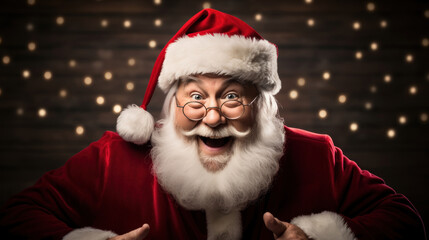 Handsome elderly Santa Claus holds presents for kids in hands wishing happy Christmas time over dark background