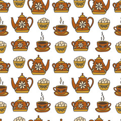 Seamless pattern with tea set. Red cups of tea with saucers, sugar bowl, teapot. Beautiful decorated service, vintage crockery. Colorful vector illustration hand drawn doodle. Print for fabric