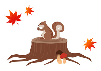 紅葉と切り株に座るリスのイラスト_1  © yugashi