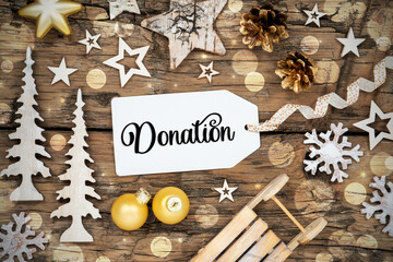 Rustic Wooden Christmas Background, Bokeh, Label With Text Donation