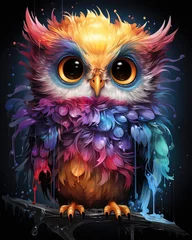 Zelfklevend Fotobehang illustration of a cute owl in a surreal style on a black background © Lohan