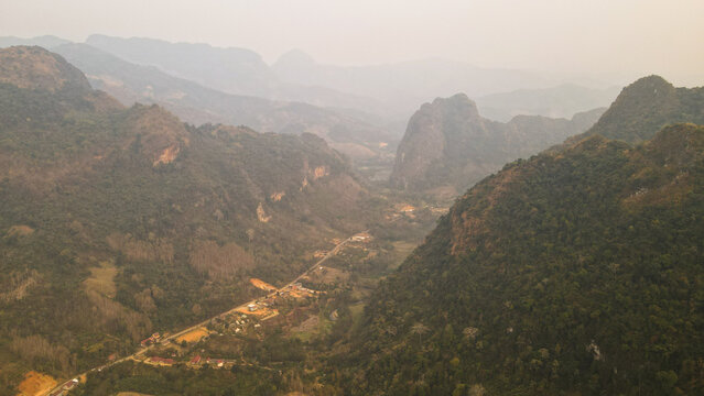 The aerial view of Nong Khiaw in Northern Laos