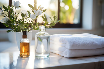 Glass bottle of thermal water on countertop in a spa. Spa and skin care environment with white towels and thermal water. Skin and body care.