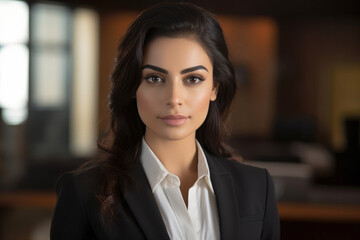 Naklejka premium Portrait of an Ambitious Pakistani Business Woman Leader in a Corporate Setting with space to text. copy space. Confident Indian Corporate Executive: Leading with Determination, Vision, Confidence