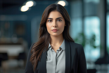 Portrait of an Ambitious Pakistani Business Woman Leader in a Corporate Setting with space to text. copy space. Confident Indian Corporate Executive: Leading with Determination, Vision,  Confidence - obrazy, fototapety, plakaty