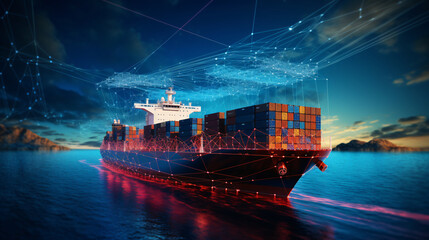 A visual representation of a large cargo ship equipped with AI navigation systems and sensors, highlighting AI's role in improving safety and efficiency in maritime logistics