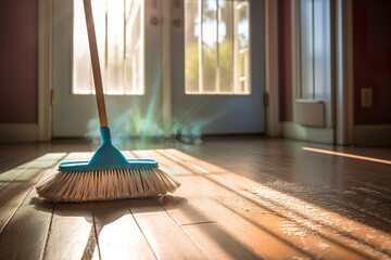 A clean bucket and dustpan rest on an immaculate floor in a cleaning scene. A visual symphony of order and cleanliness in the sunlight with cleaning mop.