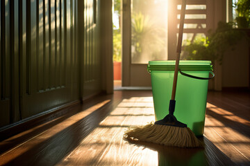 A clean bucket and dustpan rest on an immaculate floor in a cleaning scene. A visual symphony of order and cleanliness in the sunlight with cleaning mop.