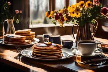 a scene of a sunlit breakfast table with a perfectly set plate of pancakes, a cup of steaming coffee, and a vase of fresh flowers - AI Generative