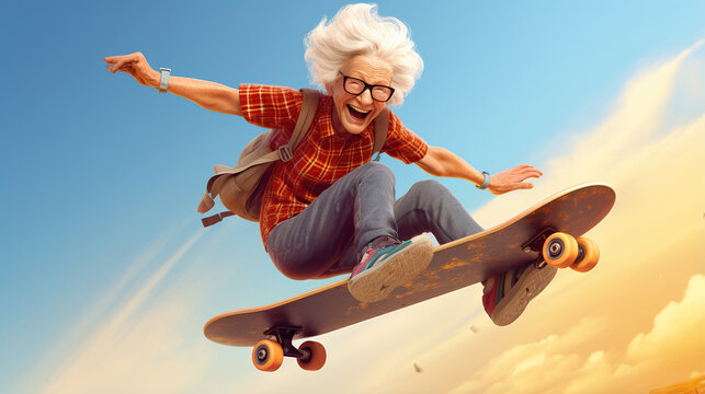 cartoon illustration of cool old active senior woman skater with skateboard have fun, generative AI