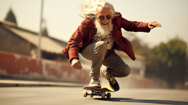 old active senior man skater with skateboard have fun, generative AI