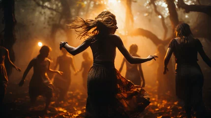 Gordijnen Witches dance a ritual dance in the forest © vladzelinski