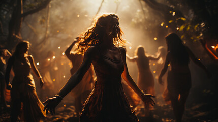 Witches dance a ritual dance in the forest