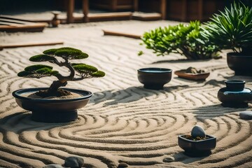 a serene image of a Zen garden with carefully arranged stones, raked sand, and a bonsai tree - AI Generative