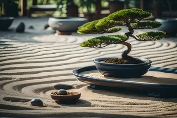 a serene image of a Zen garden with carefully arranged stones, raked sand, and a bonsai tree - AI Generative