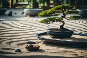 Deurstickers Stenen in het zand a serene image of a Zen garden with carefully arranged stones, raked sand, and a bonsai tree - AI Generative