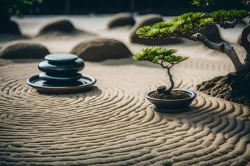 Fototapeta na wymiar a serene image of a Zen garden with carefully arranged stones, raked sand, and a bonsai tree - AI Generative