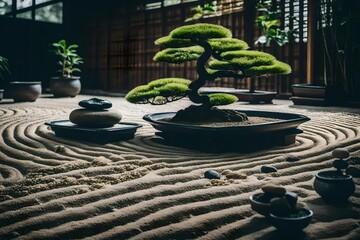 Fototapeta na wymiar a serene image of a Zen garden with carefully arranged stones, raked sand, and a bonsai tree - AI Generative