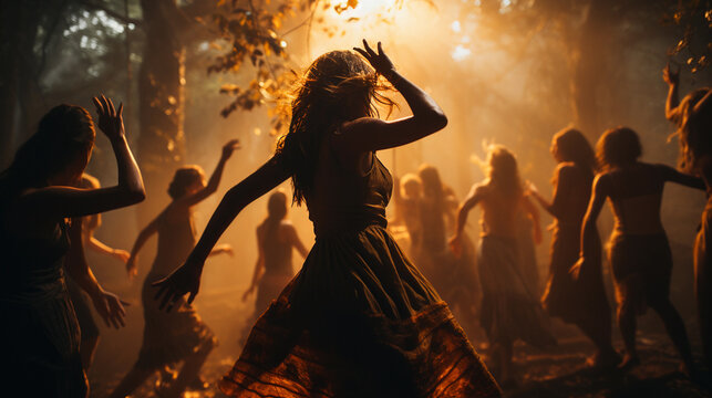 Witches dance a ritual dance in the forest