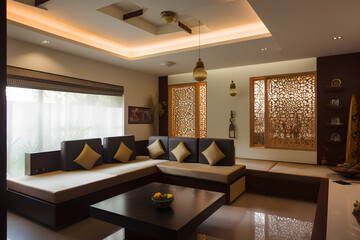 Indian style interior of living room in modern house.