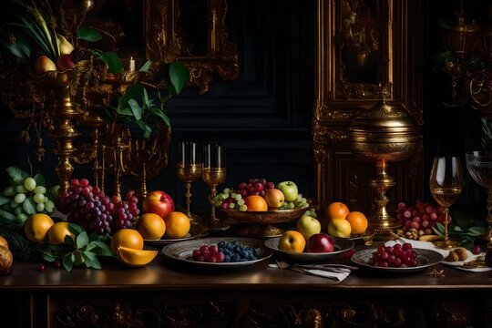 a still life composition reminiscent of a Renaissance painting, with a lavish table set for a grand feast - AI Generative