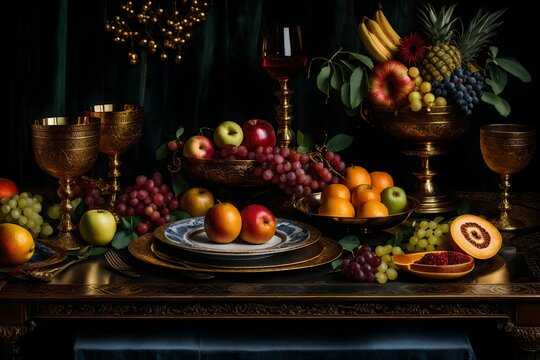 a still life composition reminiscent of a Renaissance painting, with a lavish table set for a grand feast - AI Generative