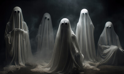 Fabric ghosts with white sheet and pierced dark eyes halloween concept for day of the dead.