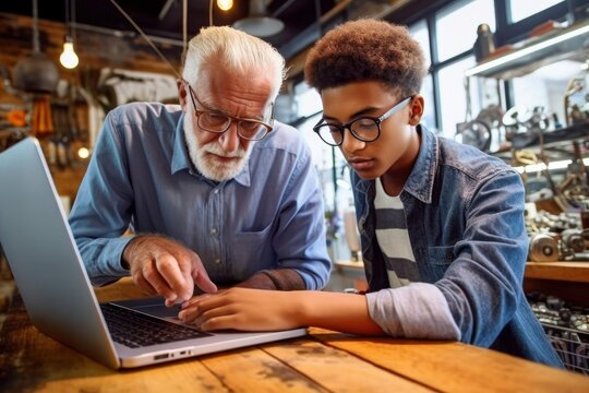 Senior man in a tech startup showing a laptop feature to a young intern. Generative AI