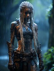 ancient female viking witch with blonde hair, metal and leather armor in rain. Fantasy wallpaper, cover design and poster.