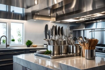 an image of a well-organized kitchen countertop with an array of stainless steel utensils like knives, forks, and spoons - AI Generative