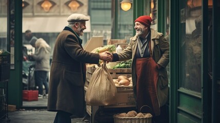 man dropping groceries but laughing with a passerby. Generative AI 