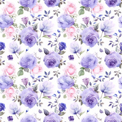 Violet rose, Seamless watercolor floral patterns, with flowers and foliage. Japanese abstract style. Use for wallpapers, backgrounds, packaging design, or web design