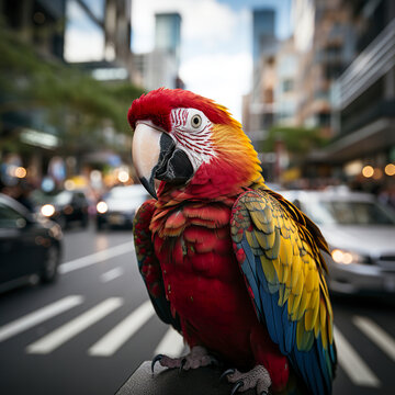 A vibrant parrot amid the chaotic traffic of an urban road. A moment of beauty amidst the chaos of cars on a highway with a beautiful wild parrot in our busy urban life.