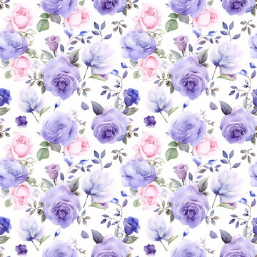 Violet rose, Seamless watercolor floral patterns, with flowers and foliage. Japanese abstract style. Use for wallpapers, backgrounds, packaging design, or web design