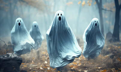 Fabric ghosts with white sheet and pierced dark eyes halloween concept for day of the dead.