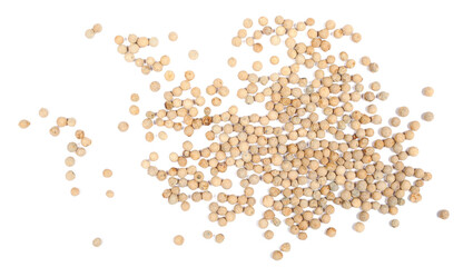 Grain white pepper pile, peppercorn isolated on white, top view  