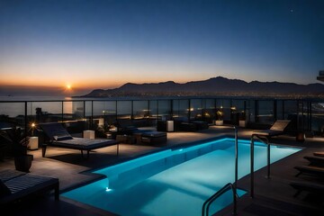 Fototapeta premium A condominium's rooftop oasis, complete with a pool, lounge chairs, and a backdrop of city lights or coastal beauty